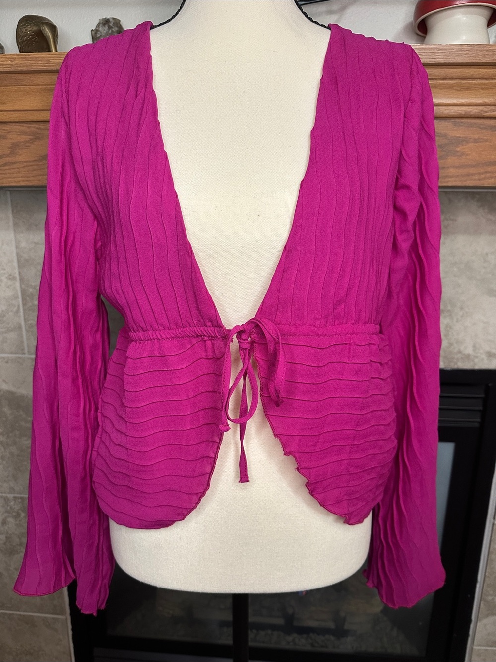 Rue21 Y2K Hot Pink Wide Sleeve Wrap Blouse Boho Tie Front Top Size M NWT